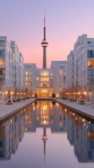 Twilight Waterfront Skyline With A Radiant Tower And Reflecting Pool Between Modern White Buildings With Warmly Lit Windows And Bare Trees Lining The Walkway