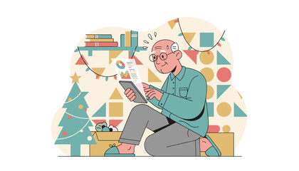 Senior man reviews data on tablet at home during holidays Technology and finance concept