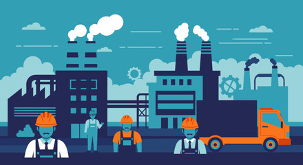 Naklejka premium Industrial factory scene with workers and truck Manufacturing production and supply chain
