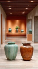 Two Ancient Bronze Vessels Displayed In A Museum Hallway With Orange Walls And Textured Ceilings Showcasing Ceramic Art And Greenery In The Background