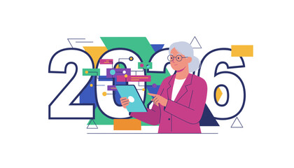 Senior businesswoman uses a digital tablet for 2026 strategic business planning Vector illustration