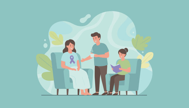 Supportive friends comforting woman with purple ribbon Health awareness and family care