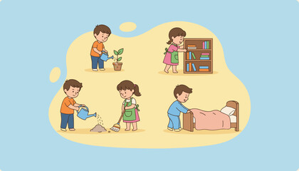 Kids doing chores cleaning gardening organizing and making the bed Responsibility and helpfulness concept