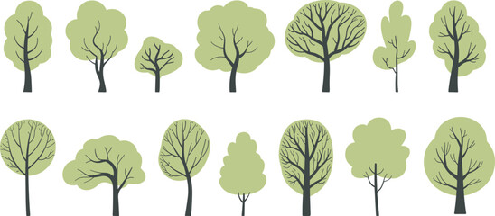 Flat vector illustration of stylized tree collection with seasonal foliage, bare branches, nature elements, forest diversity, botanical shapes, landscape design