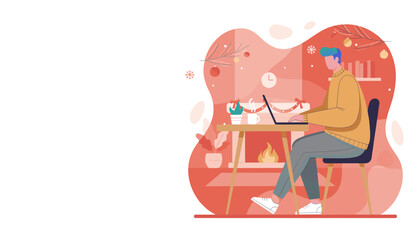 Festive remote worker using laptop in cozy winter home office by the fire