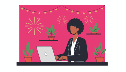 Remote work celebration African businesswoman typing on laptop in vibrant office