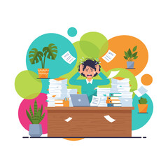 Burnout concept Crying businesswoman stressed by huge paperwork piles and deadlines in the office