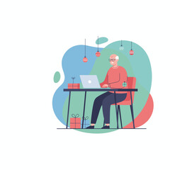 Happy senior man using laptop for online shopping during the holidays with gifts nearby