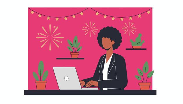 Remote work celebration African businesswoman typing on laptop in vibrant office - Powered by Adobe