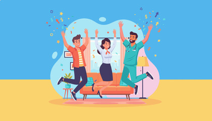 Diverse team of professionals celebrate success and achievement by jumping for joy