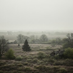 Overcast Landscape of Abandoned Buildings and Trees in a Foggy Field.