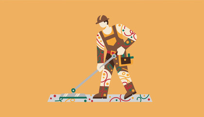 Stylized illustration of a tradesman working on a decorative surface Craftsmanship concept