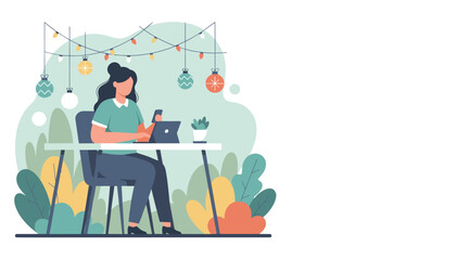 Flat illustration of woman working on a tablet outdoors enjoying remote work and digital flexibility