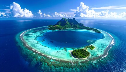 Bora Bora Island with Mount Otemanu and turquoise lagoon.