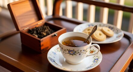 Elegant black tea served in a floral porcelain teacup and saucer, with a wooden box of dried loose leaf tea and butter cookies on a polished classic wooden tray. High tea setup.