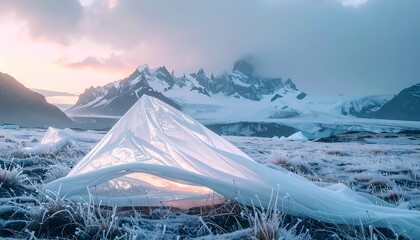Ethereal translucent fabric draped over icy landscape with majestic snow-capped mountains at dawn.