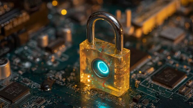 CPU基盤に置かれた指紋認証南京錠