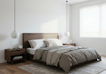 Fototapeta premium Minimalist bedroom interior features a dark wood platform bed with neutral bedding and modern lighting fixtures