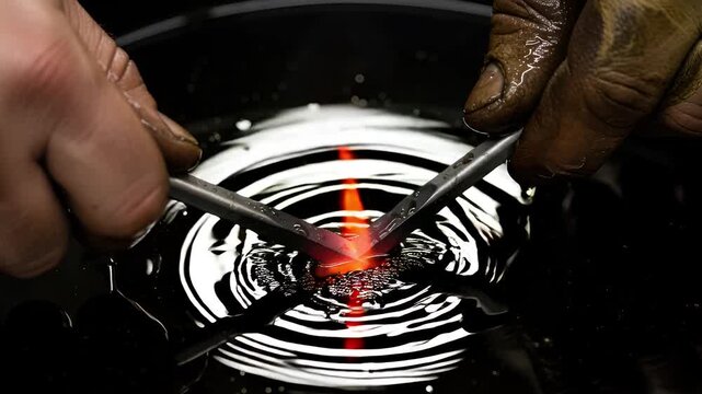 Artisan Blacksmith Hardening Glowing Hot Metal in Oil.