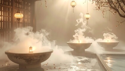 Mysterious Indoor Setting with Steaming Bowls and Soft Lighting.