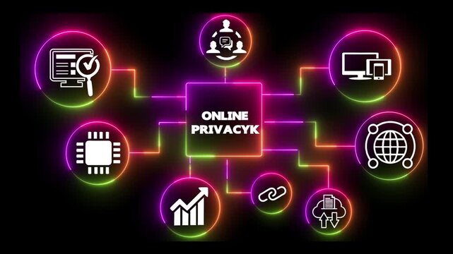 Online Privacy Concept Animated Neon Flowchart Glowing Digital Information Security Data Protection