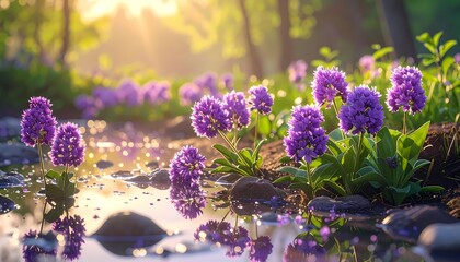 Vibrant Purple Flowers Reflecting in Water Puddles in a Sunlit Forest.