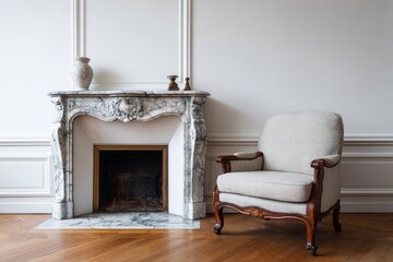 Fototapeta premium Elegant armchair sits beside ornate marble fireplace in room.