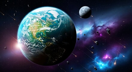 Stunning Earth and Moon in a Vibrant Cosmic Nebula.