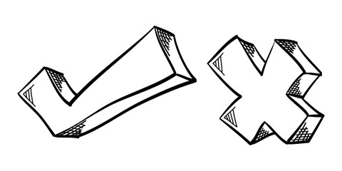 Doodle check mark and cross mark icon set. Tick symbol. checklist signs. vector illustration