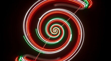 Abstract spiral of red white and green neon lights against a dark background creating a hypnotic effect