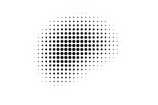 Black dots forming a radial halftone pattern, transitioning from solid to transparent. Abstract design useful for backgrounds