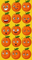 Set of cute cartoon orange fruit characters with various emotions.
