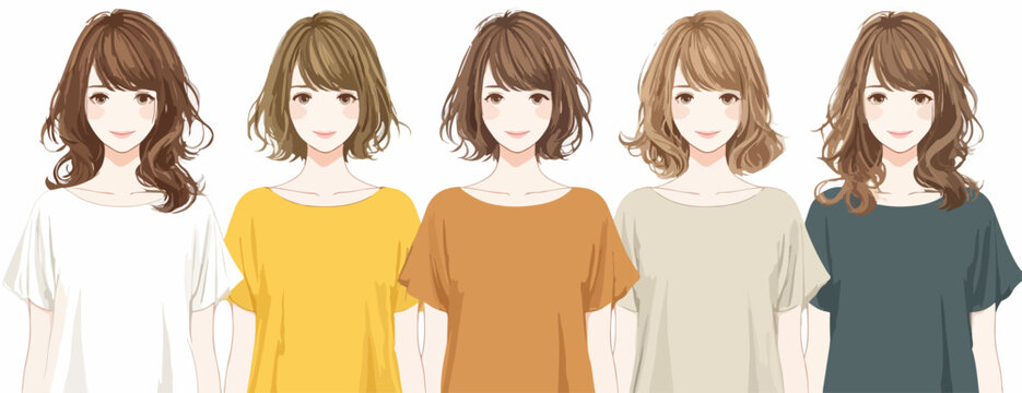 Collection of five fashionable young women with diverse hairstyles and casual outfits.