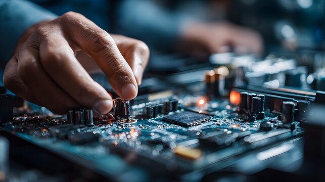 Technician precisely manipulates a delicate component on an illuminated electronic circuit board