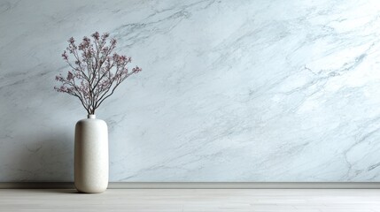 Minimalist interior with a tall vase holding delicate branches against a marble wall.