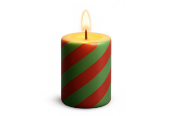 Christmas candle burning with glowing flame, red and green stripes, holiday light decoration, transparent background