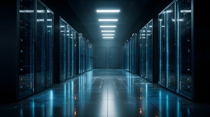 Fototapeta premium Rows of illuminated computer hardware cabinets stretch down a dark, modern data center aisle