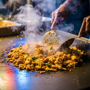 Close-up of sizzling egg and chicken kottu roti under neon lights at a Sri Lankan night stall, with smoke, spices, and colourful reflections creating a moody street food vibe.