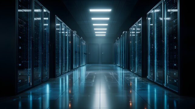 Rows of illuminated computer hardware cabinets stretch down a dark, modern data center aisle