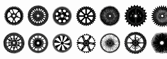 Collection of various black gears and mechanical components isolated on a white background.