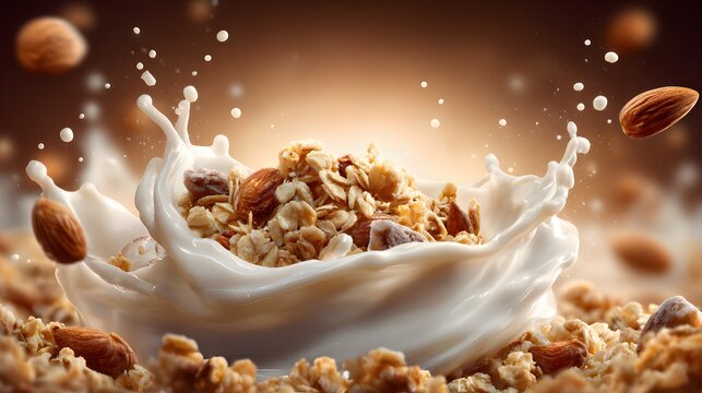 Cereal and whole almonds cascade into a splash of white liquid against a warm, diffused background