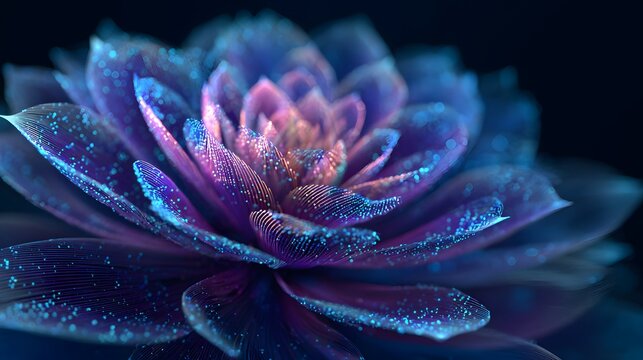 Intricate purple and blue blossom glows with digital luminescence against a dark background - Powered by Adobe