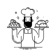 Baker holding trays of bread with a chef hat and apron in a minimalist black and white line drawing