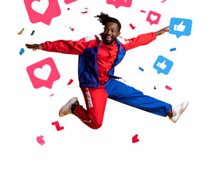  Firefly_African American guy dancing and jumping out of photo frame on yellow background, col (2)