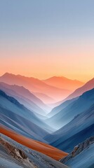Vast Mountain Range Bathed In Golden Hour Light With Layers Of Blue And Orange Hues Creating A Serene And Majestic Landscape