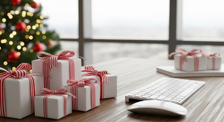 Festive workplace holiday decorations with wrapped gifts on desk near keyboard and mouse evoking cheerful new year spirit