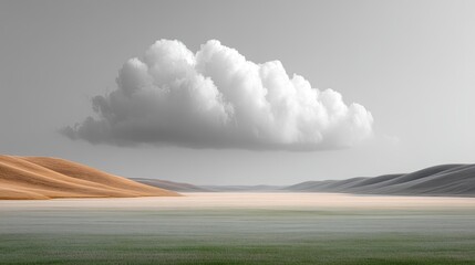 Vast Open Plains Landscape Under a Textured Cloud with Golden Hills and Green Grass Foreground Under a Hazy Gray Sky