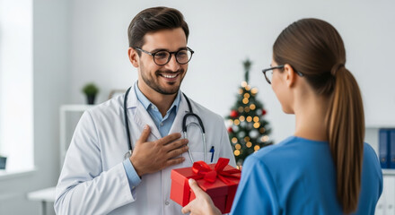 Doctor nurse holiday decorations christmas new year workplace caring physician smiling while receiving festive gift from colleague during medical shift celebrating seasonal cheer