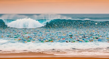 A beach scene with waves crashing onto a sandy shore, filled with plastic debris.