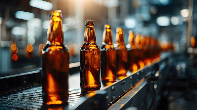 Empty brown glass bottles move along an industrial bottling production line.